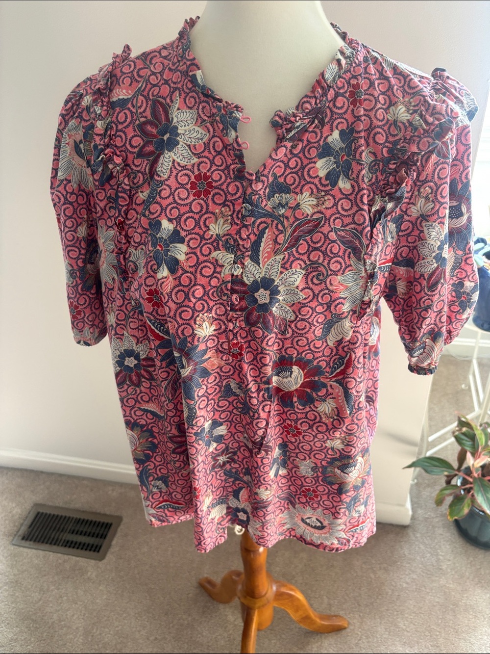 LOFT Pink Floral Ruffle-Trim Split-Neck Blouse